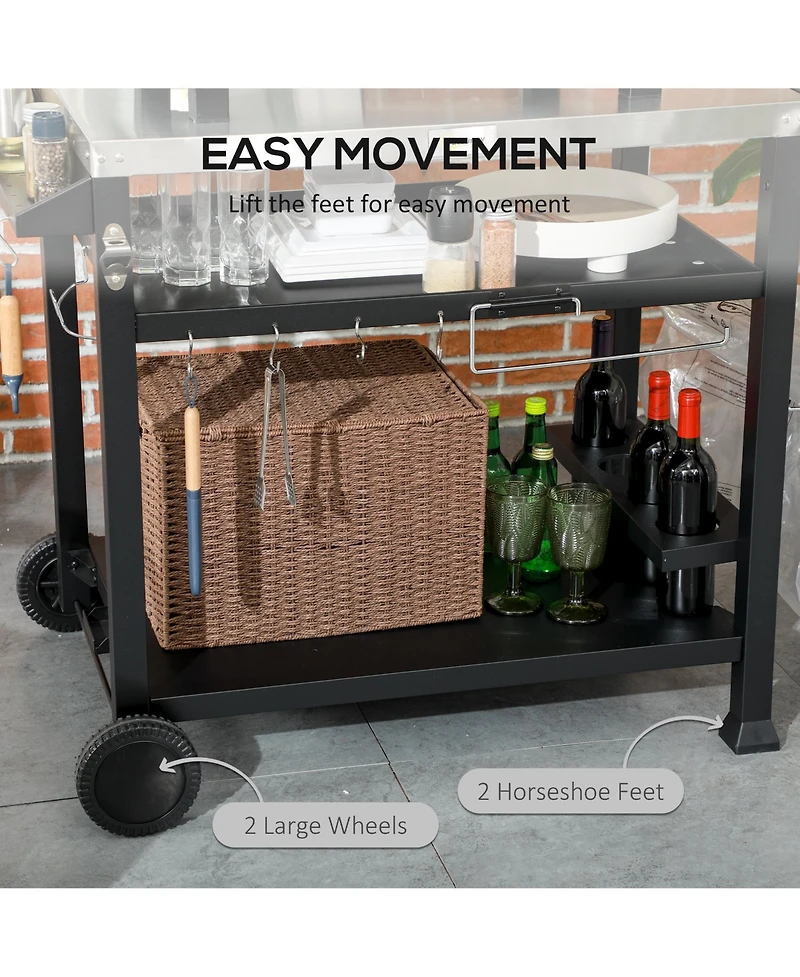 Outsunny Movable Stainless Steel 3-Shelf Outdoor Grill Cart w/ Side Table