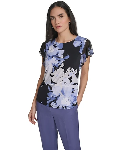 Calvin Klein Women's Mixed Media Cap-Sleeve Top