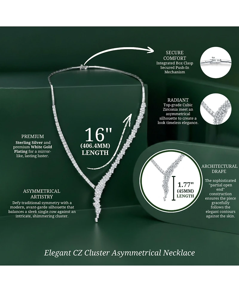 Genevive Sterling Silver White Gold Plated with Clear Round Cubic Zirconia Cluster Necklace