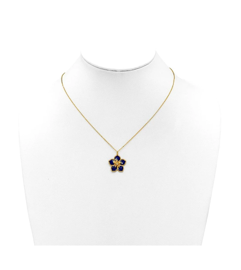 Curata Jewelry 14K Yellow Gold 18 Inch Italian Navy Enamel Textured Plumeria Necklace