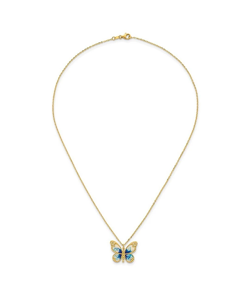 Curata Jewelry Solid 14k Yellow Gold 18 Inch Italian Blue Enamel Textured Butterfly Necklace