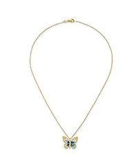 Curata Jewelry Solid 14k Yellow Gold 18 Inch Italian Blue Enamel Textured Butterfly Necklace