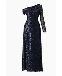 Ivonne Women's Embroided Gown with Front Slit and One Sleeve