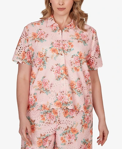Ruby Rd. Plus Floral Scalloped Hem Camp Shirt