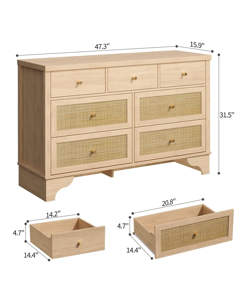 gaomon 47.3 in Wide Wood Chest of Drawers with Natural Rattan Drawers, Drawer Organizer with Sturdy Base