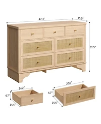 gaomon 47.3 in Wide Wood Chest of Drawers with Natural Rattan Drawers, Drawer Organizer with Sturdy Base