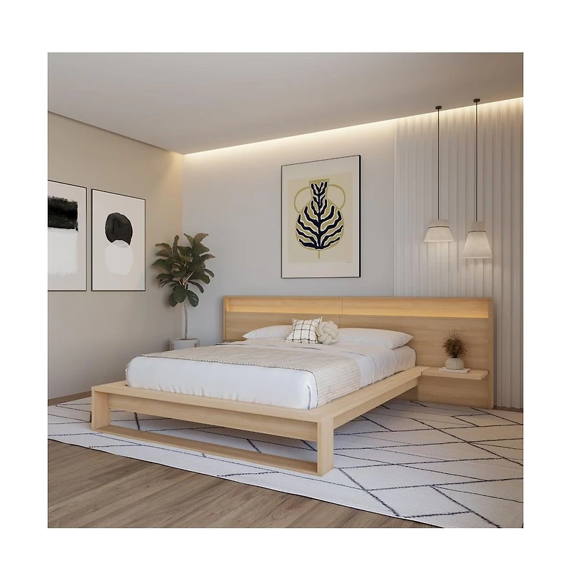 Nexera Lido Slatted Bedframe with Wide Headboard Lights and Shelves