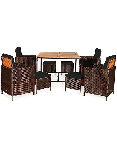 9 Pcs Patio Rattan Dining Set Cushioned Chairs Ottoman Wood Table Top