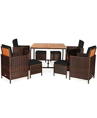 9 Pcs Patio Rattan Dining Set Cushioned Chairs Ottoman Wood Table Top