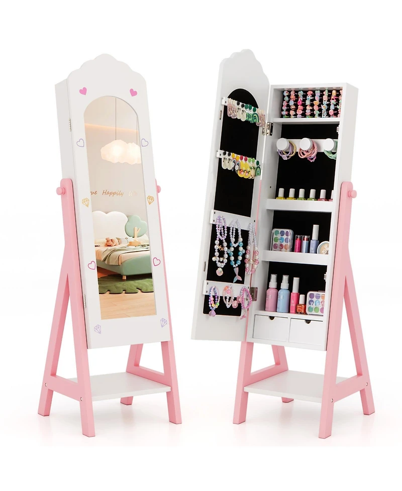 Kids Jewelry Cabinet with Full-Length Mirror, Freestanding Jewelry Armoire Organizer for Girls