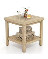2 Tier Outdoor Side Table Teak Wood End Table With Storage Shelf