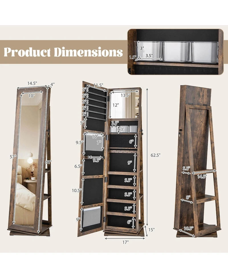 Costway 360degree(s) Swivel Jewelry Armoire with Full-Length Mirror Rear Shelves Makeup Mirror