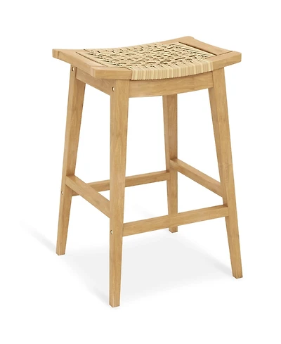 4 Pcs 29" Teak Wood Bar Stool with Footrest & Saddle Seat Boho Bar Height Stool