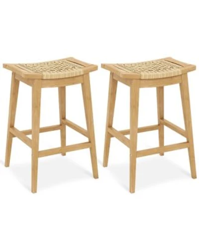 2 Pcs 29 X22 Teak Wood Bar Stool With Footrest Saddle Seat Boho Bar Height Stool