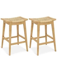 2 Pcs 29 X22 Teak Wood Bar Stool With Footrest Saddle Seat Boho Bar Height Stool