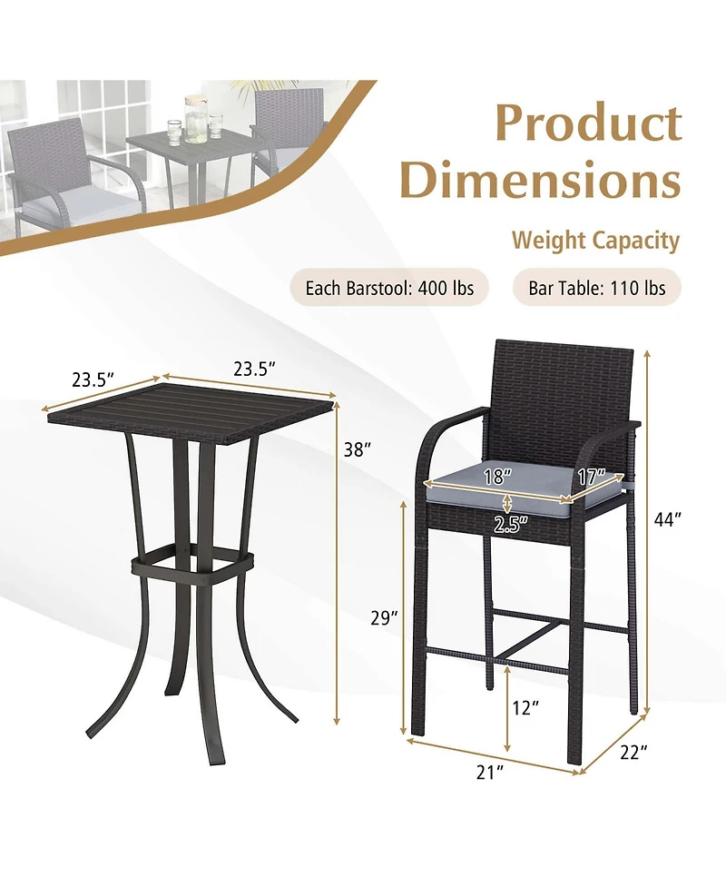 Costway 3 Pieces Patio Wicker Bar Set Rattan Chairs and Square Table with Heavy-Duty Metal Frame
