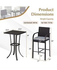 Costway 3 Pieces Patio Wicker Bar Set Rattan Chairs and Square Table with Heavy-Duty Metal Frame