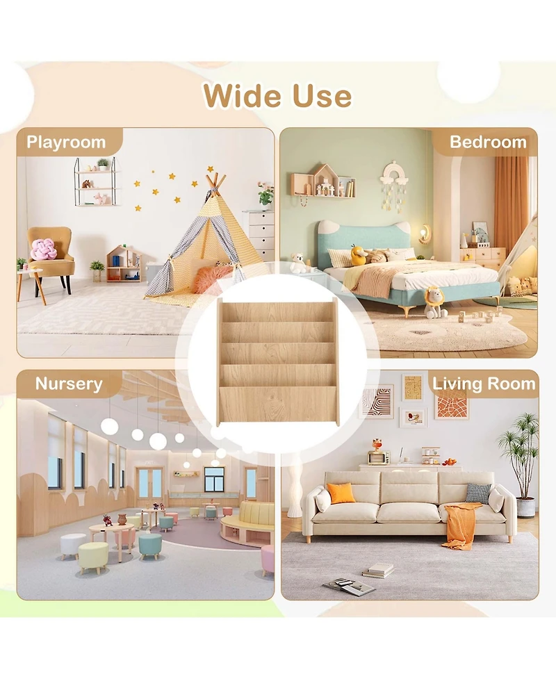 Costway 4-tier Kids Wooden Bookshelf Toddlers Book Rack with Deep Shelves