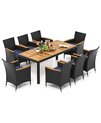 Costway 9 Pcs Outdoor Dining Set with Acacia Wood Tabletop, Umbrella Hole, Seat Cushions