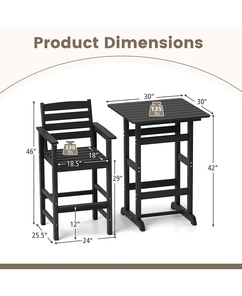 3-Piece Patio Hdpe Bar Set Armchairs with Square High-Top Table Footrest & Backrest