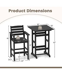 3-Piece Patio Hdpe Bar Set Armchairs with Square High-Top Table Footrest & Backrest