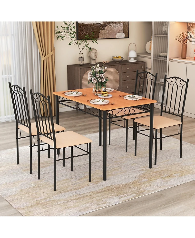 5 Pcs Dining Set Wood Metal 30" Table & 4 Chairs Upholstered Kitchen Breakfast Furniture