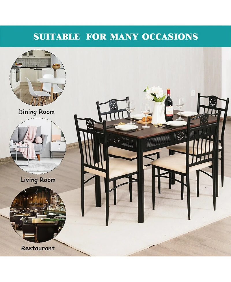 5 Piece Dining Set Wood Metal Table and 4 Chairs Kitchen Breakfast Furniture
