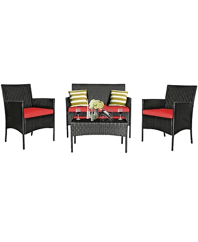 8PCS Patio Rattan Furniture Set Cushioned Sofa Coffee Table Backyard Porch Red