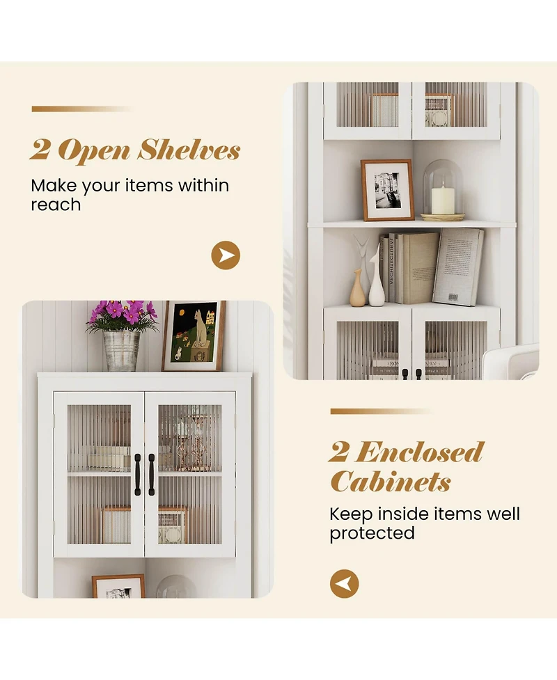 67" Tall Corner Hutch with 4 Fluted Glass Doors 3-Level Adjustable Shelves