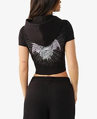 True Religion Women's Crystal Cap Sleeve Zip Hoodie Sweatshirt