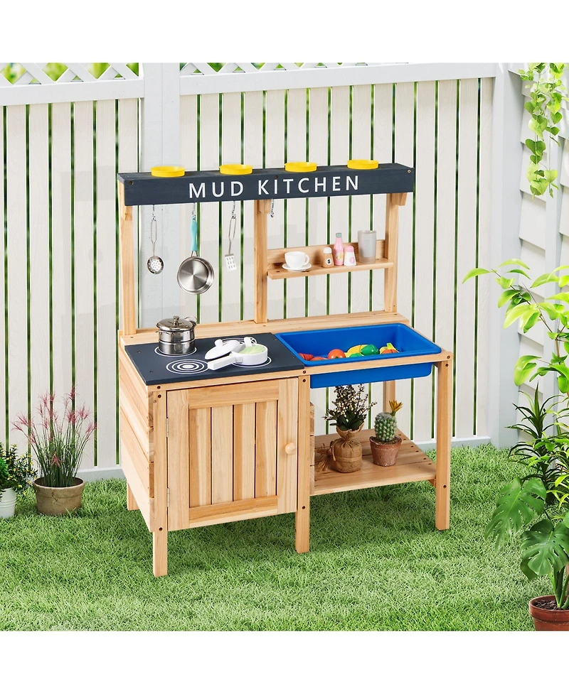 Mecale Outdoor Mud Kids Kitchen Playset with Wooden Design and Included Kitchenware for Pretend Play