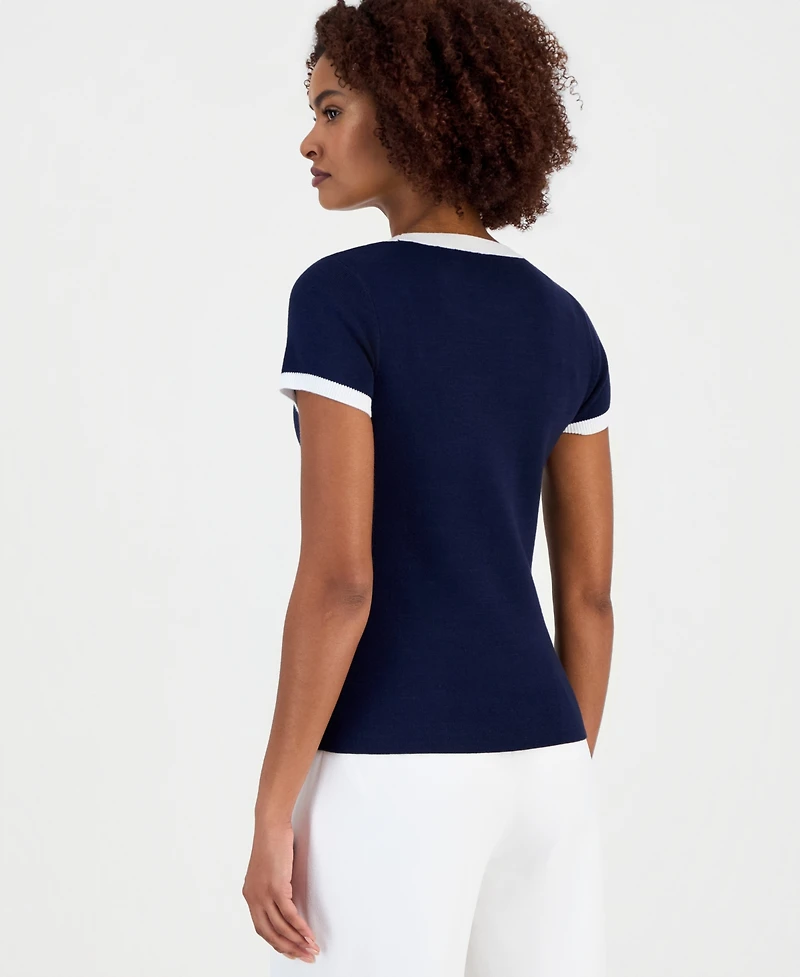 T Tahari Women's Contrast-Trim Short-Sleeve Knit Top