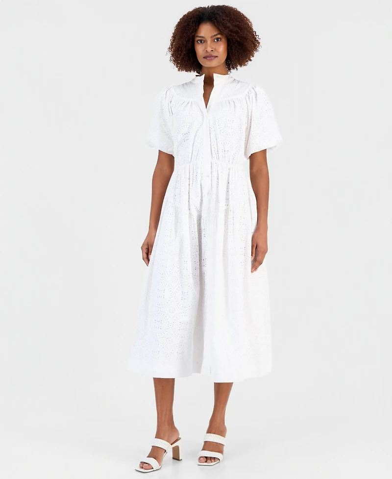 T Tahari Women's Cotton Button-Front Tiered Dress