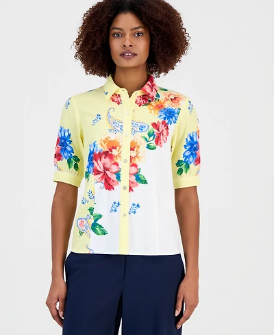 T Tahari Women's Button-Front Puff-Sleeve Blouse