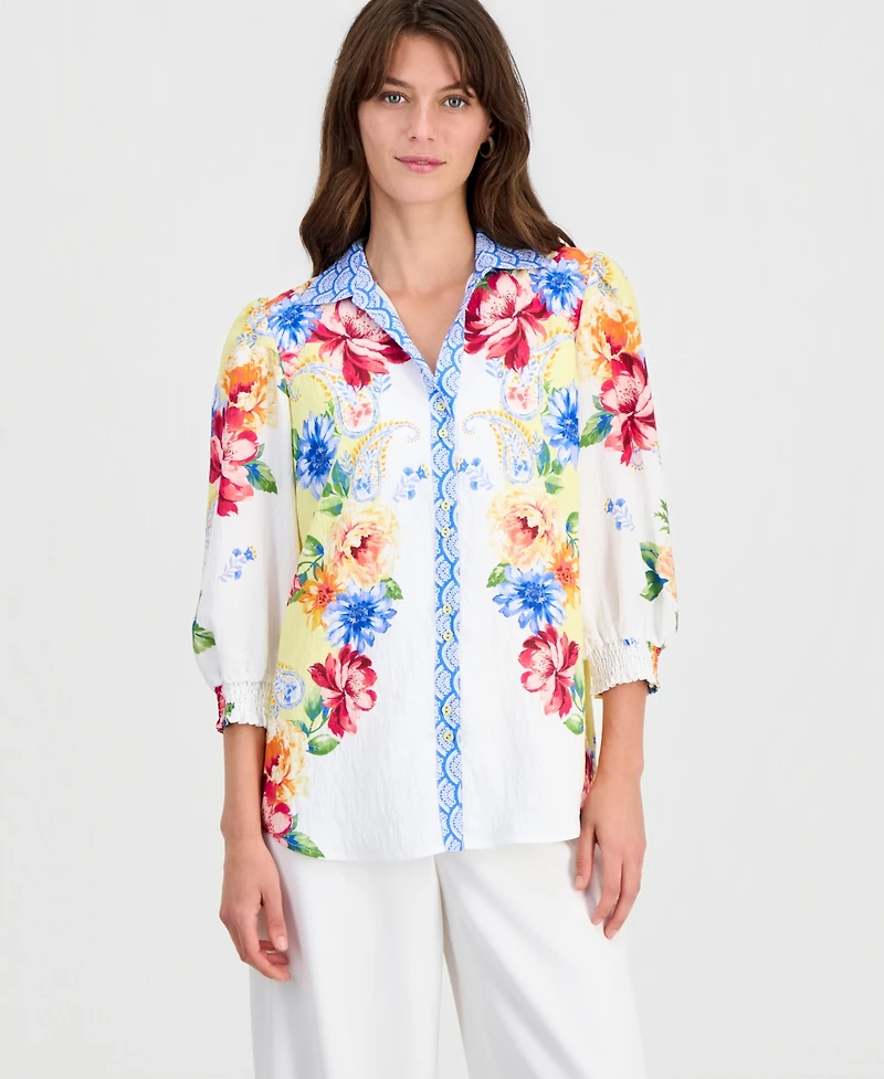 T Tahari Women's Floral-Print 3/4-Sleeve Button Blouse