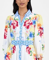 T Tahari Women's Printed 3/4-Sleeve Midi Shirt Dress