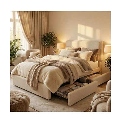 gaomon Teddy Fleece Bed Frame, Cloud Bed Frame with 2 Storage Drawer and Adjustable Headboard