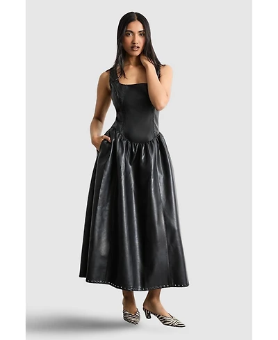 Warehouse Women's Faux Leather Whipstitch Trim Midi Dress