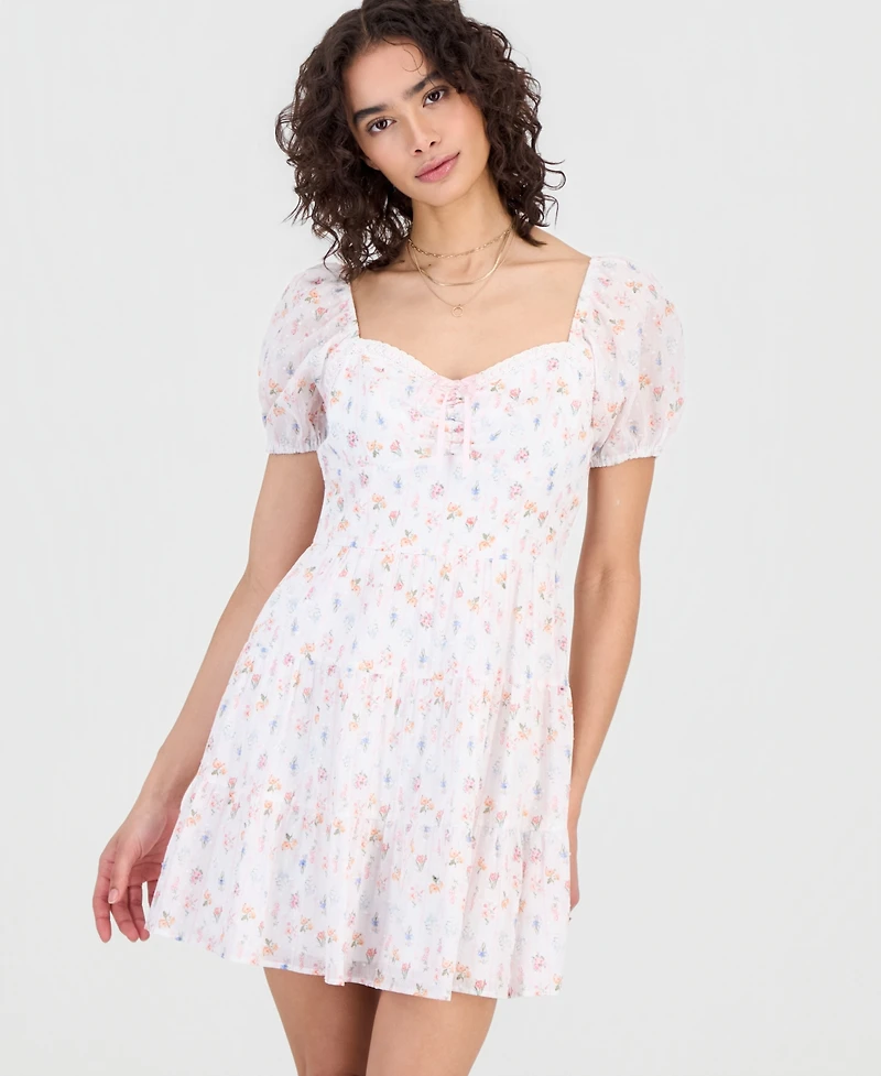 Kingston Grey Juniors' Sweetheart-Neck Puff-Sleeve Mini Dress