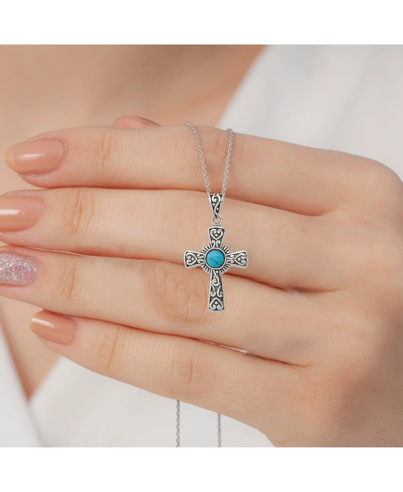 Curata Jewelry 925 Sterling Silver 18 Inch Oxidized Simulated Turquoise Religious Faith Cross Necklace