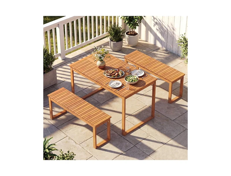 Slickblue Outdoor 3-Piece Dining Set with Acacia Wood Table and 2 Benches