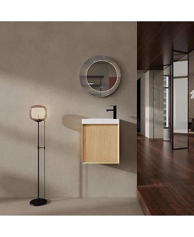 Sillysis Wall Mounted Bathroom Vanity with Resin Sink, Modern 3D Stripe Door & Soft Close, 18.5" Natural Small Space Storage Cabinet