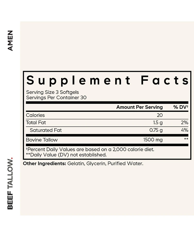 Amen Beef Tallow, Grass-Fed Bovine Tallow Nutrients, Whole-Food Paleo, Skin Support, 90 Capsules
