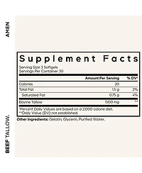 Amen Beef Tallow, Grass-Fed Bovine Tallow Nutrients, Whole-Food Paleo, Skin Support, 90 Capsules
