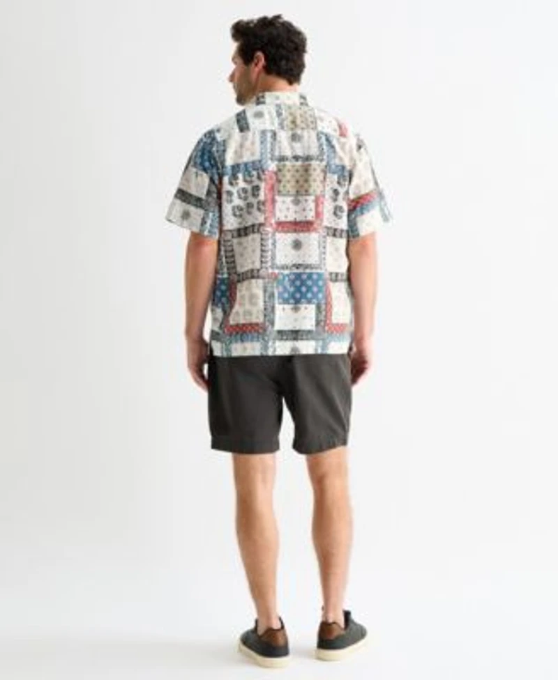 Lucky Brand Mens Short Sleeve Printed Camp Collar Shirt Baja Soul Graphic Tee Paired With Raven Pull On Linen Shorts