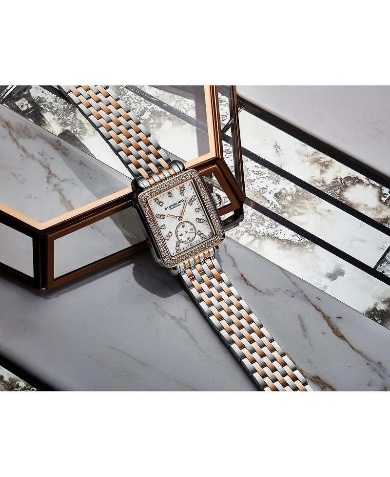 Stuhrling Women s 4090 34mm Crystal-Accented Rectangular Stainless Steel Bracelet Watch with Mother-of-Pearl Dial