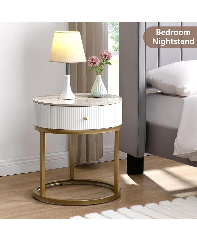 Rainsken Marble Round Nightstand, Modern End Table with Drawer and Gold Metal Frame, Bedside Storage Table for Living Room Bedroom