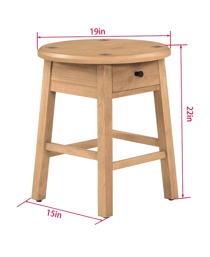Rainsken Solid Rubberwood Nightstand, Round Sofa Side End Table Table with Drawer for Living Room, Bedroom or Home Office