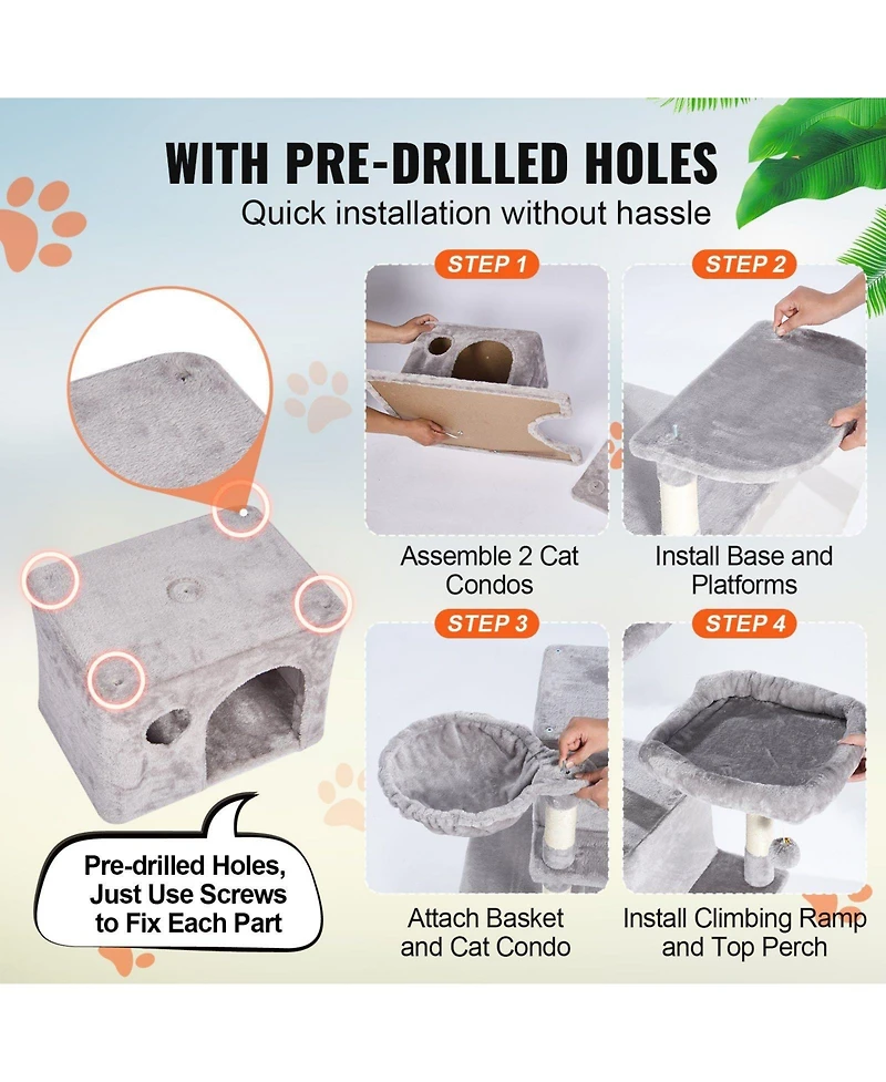 Aostirmotor Light Grey Indoor Cat Tower, 68.5" with Condos, Scratching Posts, Hammocks & Ramp, Pet Furniture