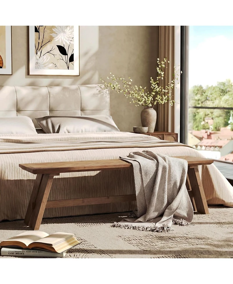 Tribesigns 63 Inch Extra Long Solid Wood Entryway Bench, 2-Tier Farmhouse Shoe Storage Bench with Unique Herringbone Pattern